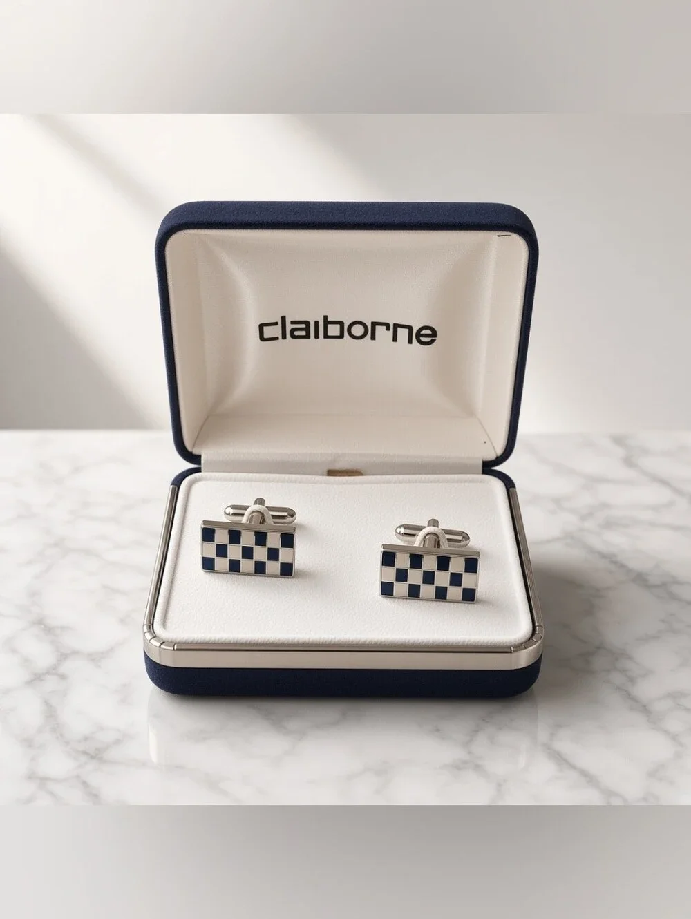 Vintage Claiborne Silver Tone Black Ivory Checkerboard Rectangle Cufflinks